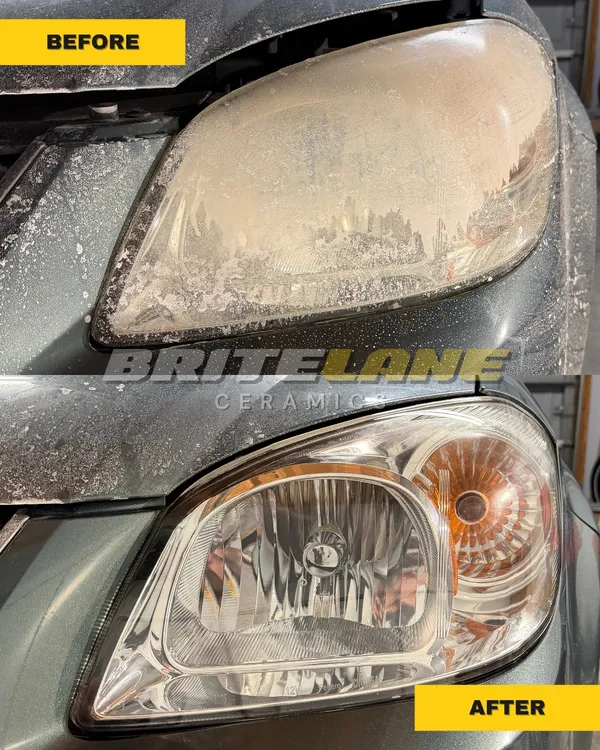 Headlight before and after ceramic restoration, a sun faded, yellowed headlight restored to a clear, ceramic-protected finish.