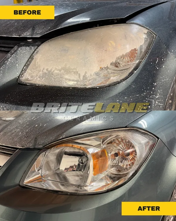 BriteLane Ceramics headlight restoration result, a sun faded, yellowed headlight restored to a clear, ceramic-protected finish.