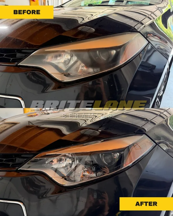 BriteLane Ceramics restoration photo, a yellowed and oxidized lens restored to a clear, ceramic-protected finish.