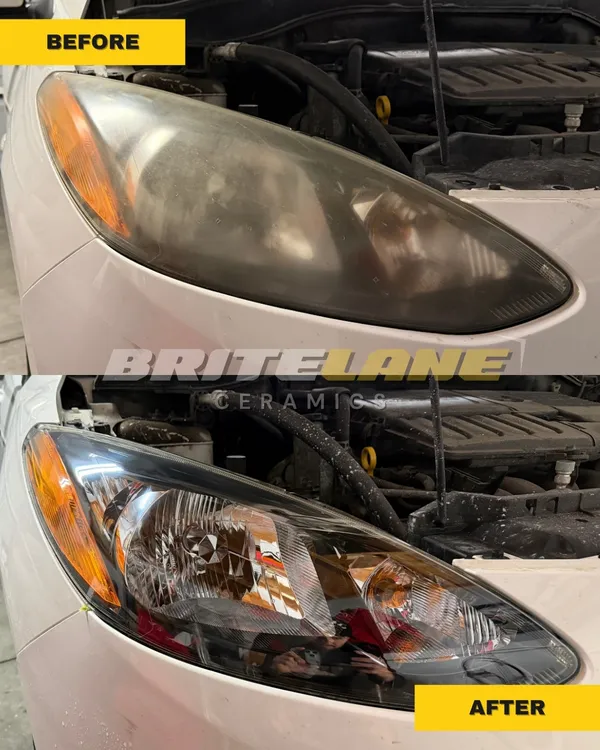 Before and after look at a headlight restoration, a sun faded, yellowed headlight restored to a clear, ceramic-protected finish.