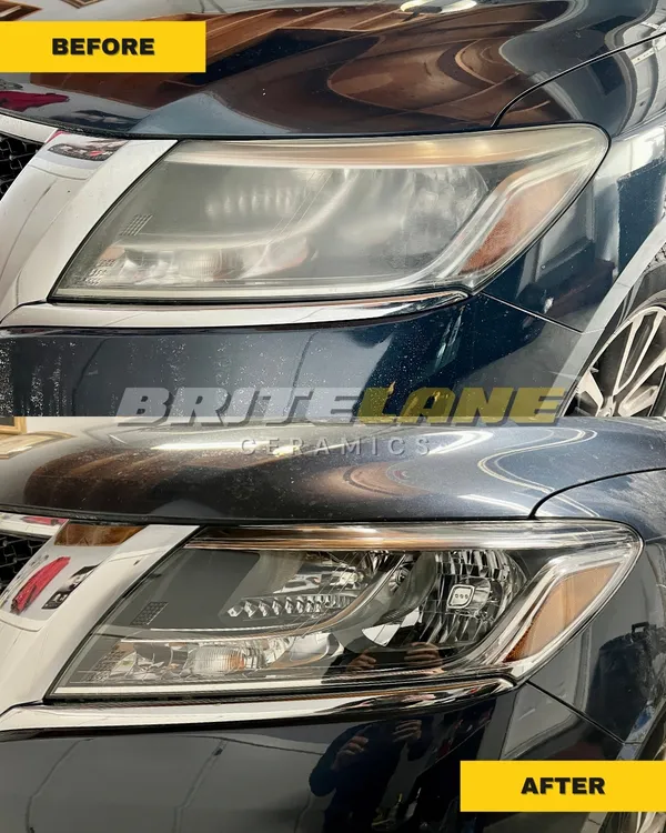 Before and after headlight restoration by BriteLane Ceramics, a hazy, discoloured lens restored to a clear, ceramic-protected finish.
