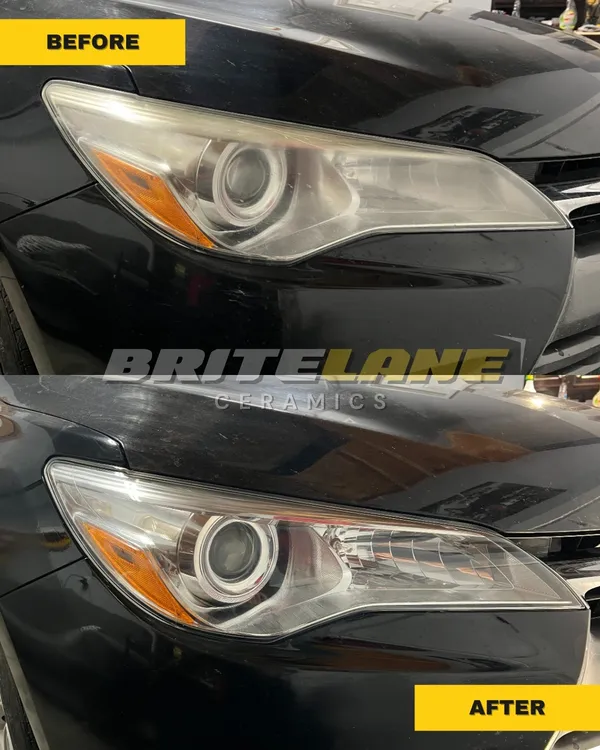 Headlight restoration result from BriteLane Ceramics, a hazy, discoloured lens restored to a clear, ceramic-protected finish.