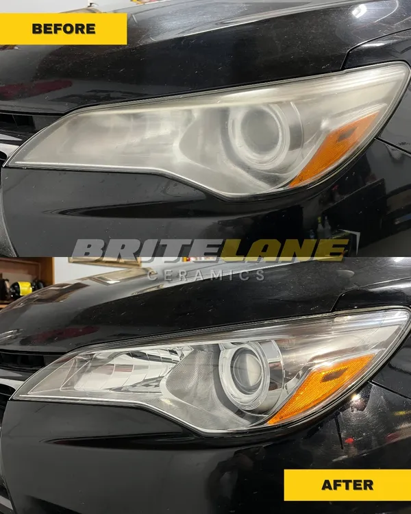 BriteLane Ceramics before and after photo, a hazy, discoloured lens restored to a clear, ceramic-protected finish.