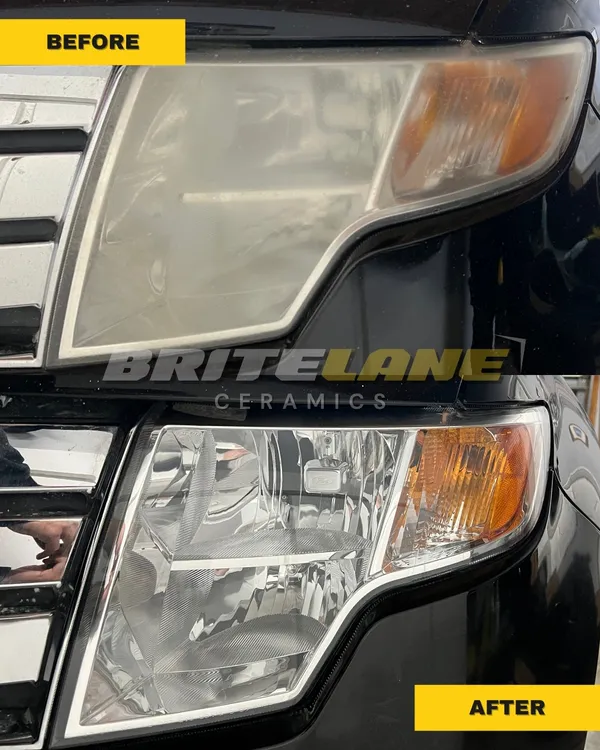 Restored headlight comparison from BriteLane Ceramics, a hazy, discoloured lens restored to a clear, ceramic-protected finish.