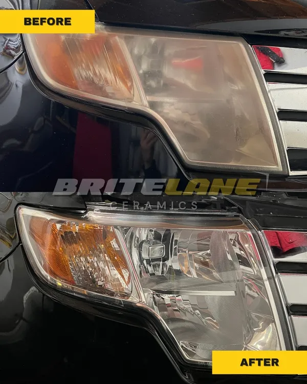 Before and after headlight restoration, a hazy, discoloured lens restored to a clear, ceramic-protected finish.