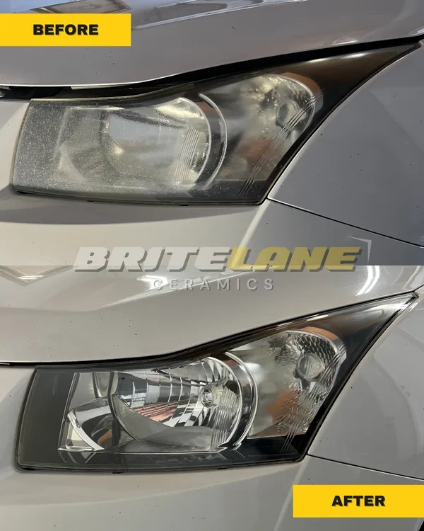 BriteLane Ceramics restoration photo, a hazy, discoloured lens restored to a clear, ceramic-protected finish.