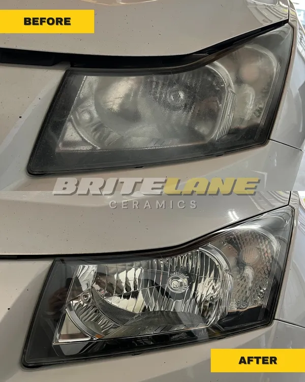 Before and after view of a headlight restoration, a hazy, discoloured lens restored to a clear, ceramic-protected finish.
