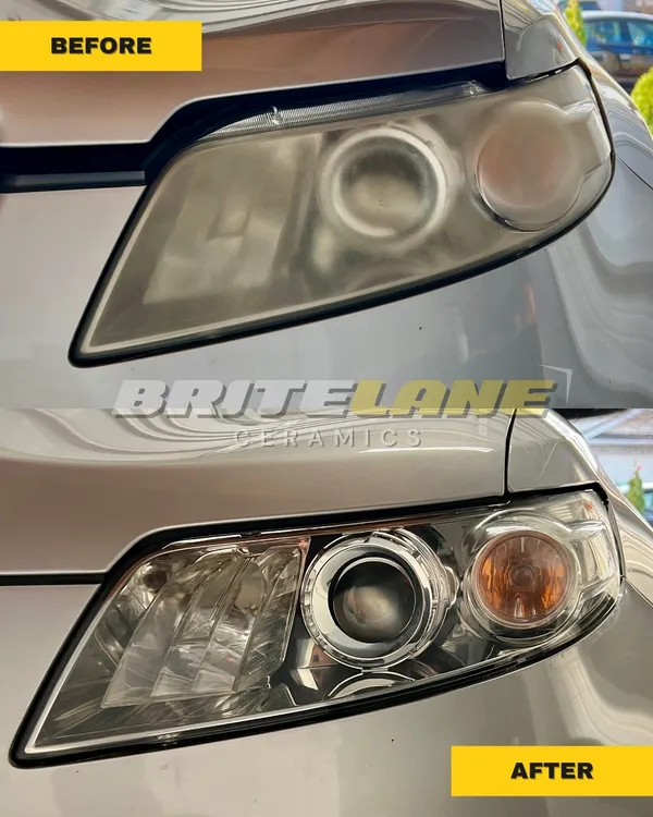 Headlight before and after ceramic restoration, a hazy, discoloured lens restored to a clear, ceramic-protected finish.