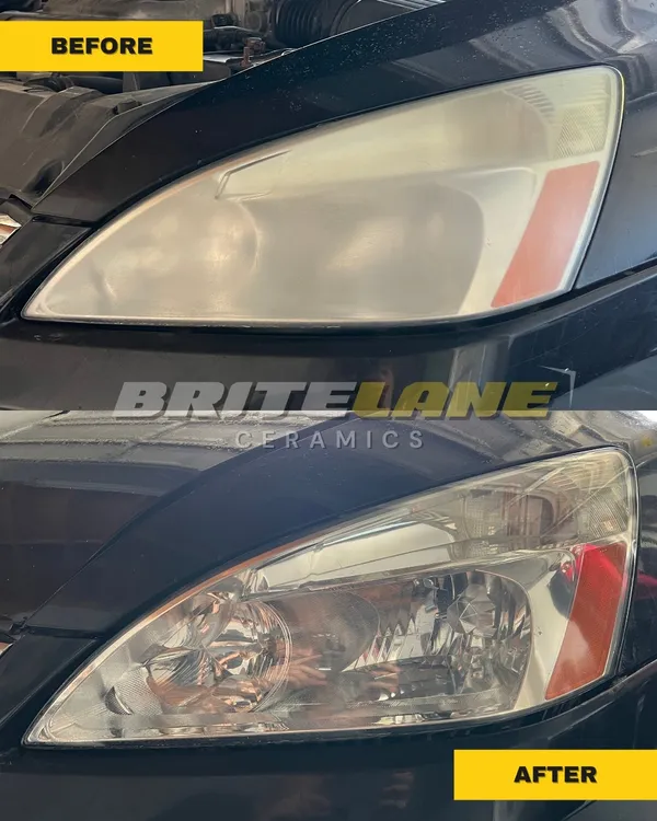 BriteLane Ceramics headlight restoration result, a hazy, discoloured lens restored to a clear, ceramic-protected finish.