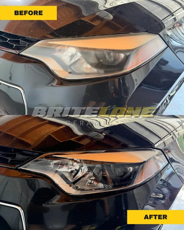 Before and after view of a headlight restoration, a yellowed and oxidized lens restored to a clear, ceramic-protected finish.
