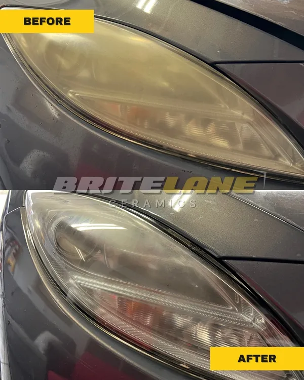 Before and after look at a headlight restoration, a hazy, discoloured lens restored to a clear, ceramic-protected finish.