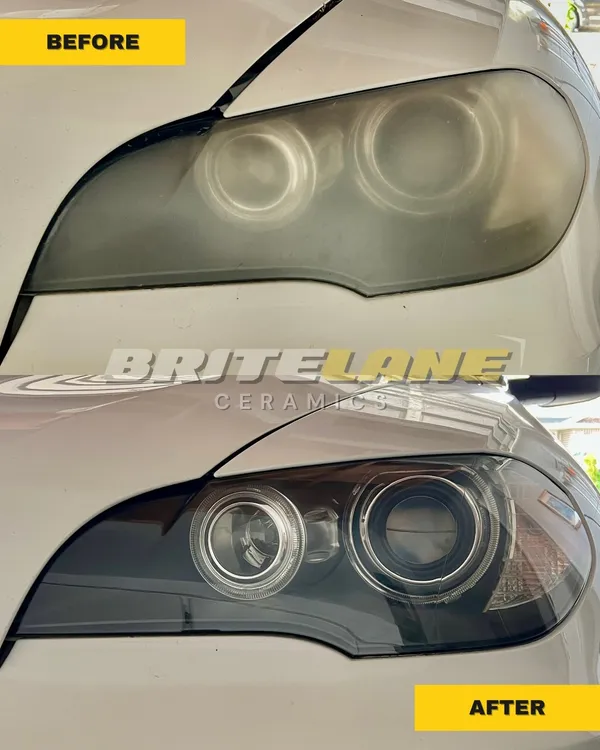 Before and after headlight restoration by BriteLane Ceramics, a badly oxidized headlight restored to a clear, ceramic-protected finish.