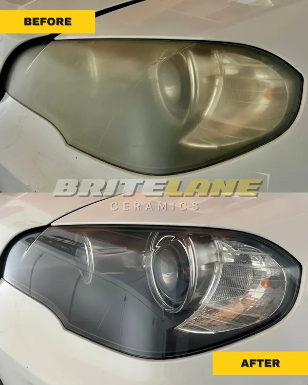 Headlight restoration result from BriteLane Ceramics, a badly oxidized headlight restored to a clear, ceramic-protected finish.