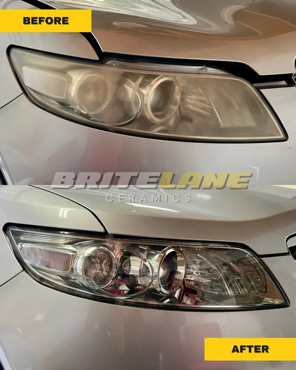 BriteLane Ceramics before and after photo, a badly oxidized headlight restored to a clear, ceramic-protected finish.