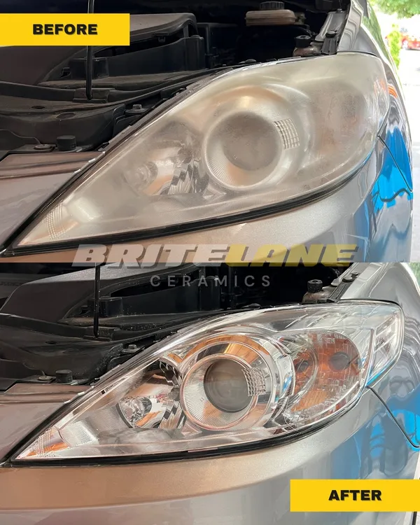 Restored headlight comparison from BriteLane Ceramics, a badly oxidized headlight restored to a clear, ceramic-protected finish.