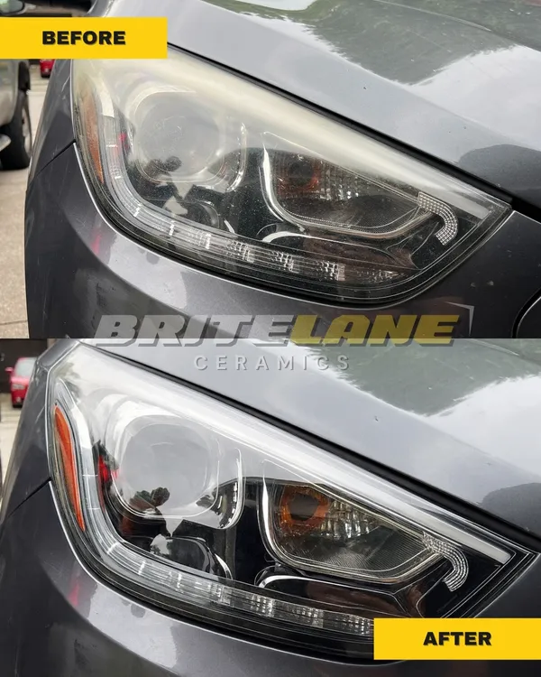 Before and after headlight restoration, a badly oxidized headlight restored to a clear, ceramic-protected finish.