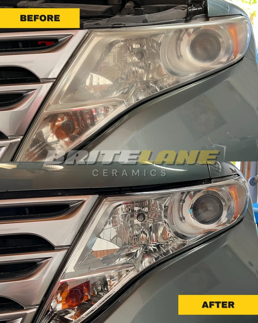 BriteLane Ceramics restoration photo, a badly oxidized headlight restored to a clear, ceramic-protected finish.