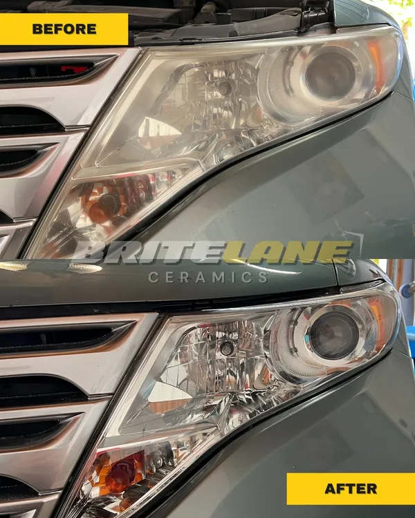 BriteLane Ceramics restoration photo, a badly oxidized headlight restored to a clear, ceramic-protected finish.