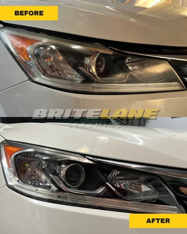 Before and after view of a headlight restoration, a badly oxidized headlight restored to a clear, ceramic-protected finish.