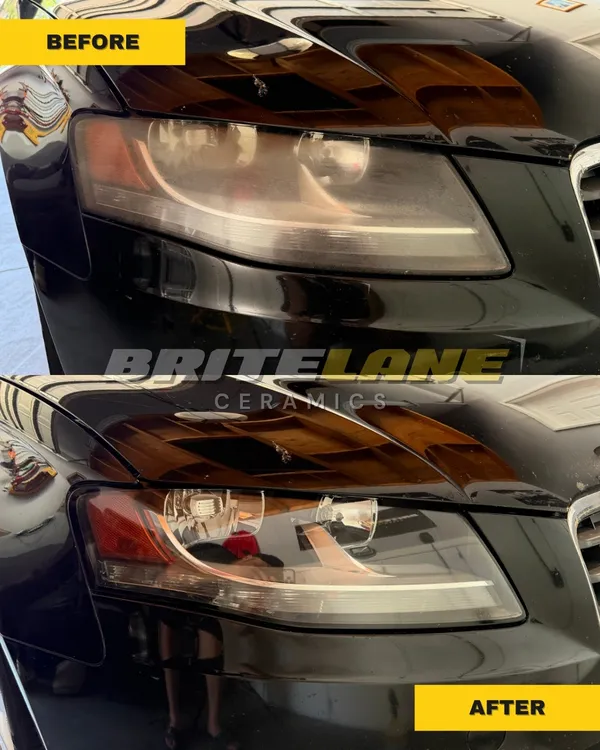 Headlight before and after ceramic restoration, a yellowed and oxidized lens restored to a clear, ceramic-protected finish.