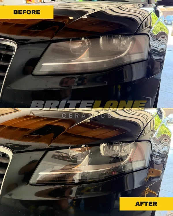 BriteLane Ceramics headlight restoration result, a yellowed and oxidized lens restored to a clear, ceramic-protected finish.